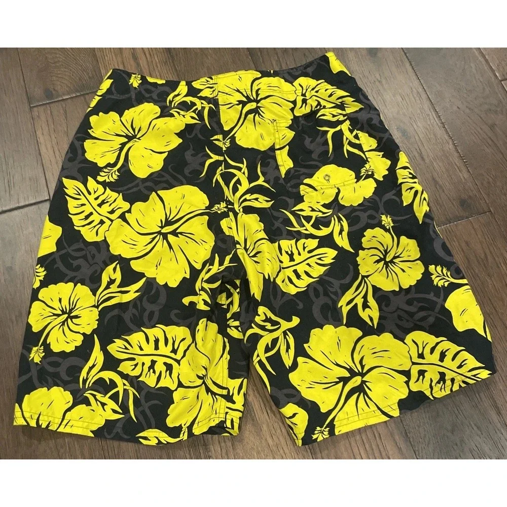 Vintage POINT ZERO‎ Board Shorts Men M Black Yellow Swim Trunks Pockets